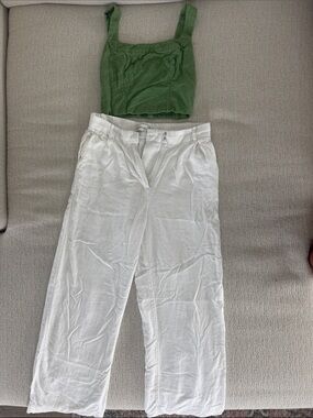 Abercrombie & Fitch Olive Green Crop Tank with White Linen Pants